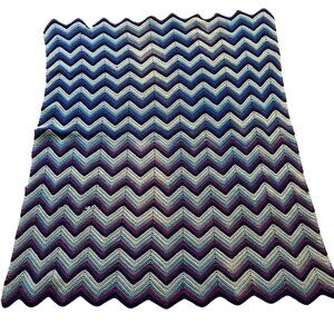 Handmade‎ Large Chevron Crochet Blanket Afghan Purple Blue White Needs Repair